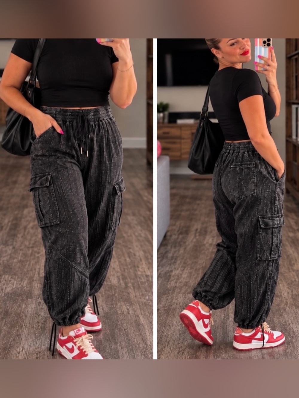 Black Lightweight Parachute Cargo Pants Drawstring Ankles – Small – New